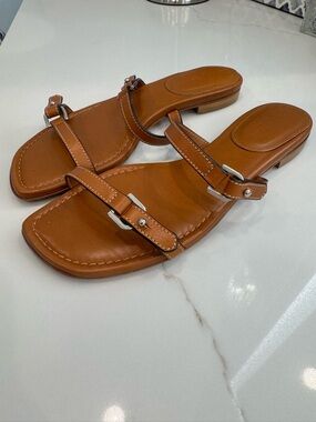 Lafayette 148 New York Cognac Leather Slide Sandals with Silver Buckles